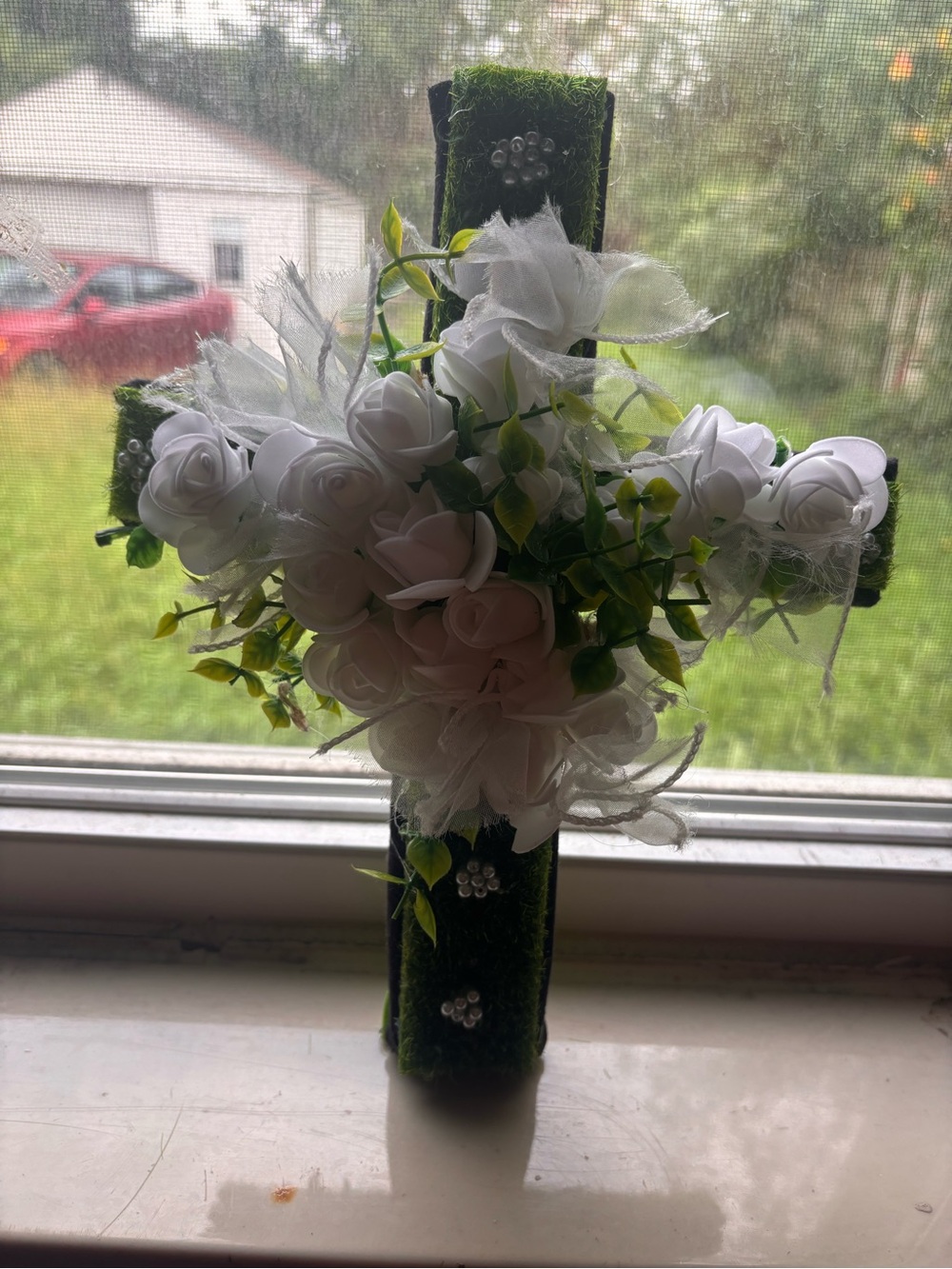 Hand Crafted White and Green Floral Moss Cross Accent